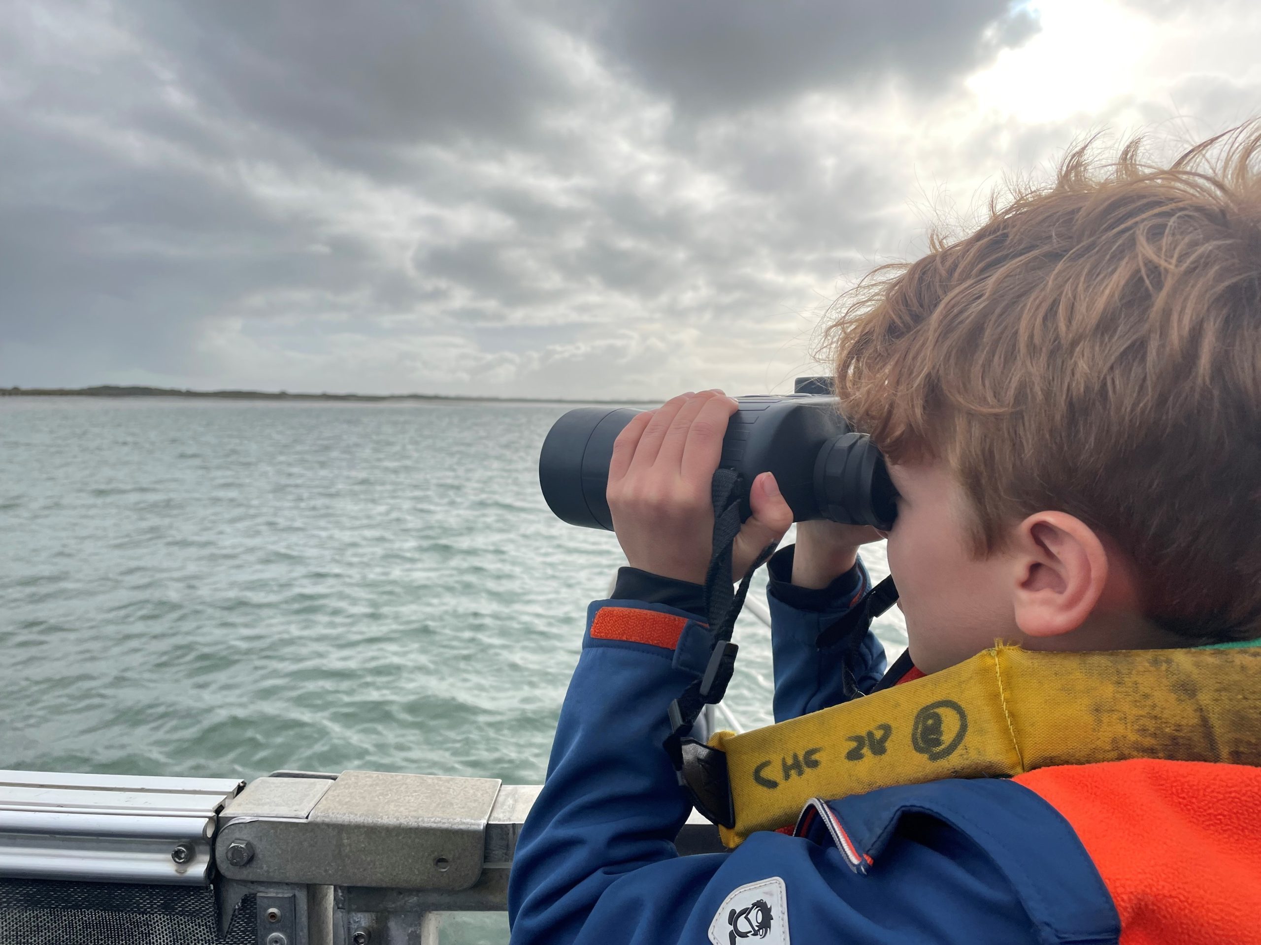 Boy birdwatching through binoculars at Chichester Harbour